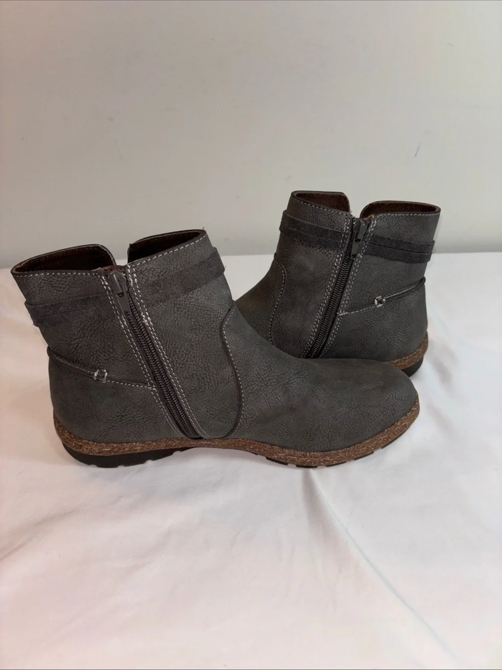 B.O.C Gray Ankle Boots with Cork Trim. 7/8